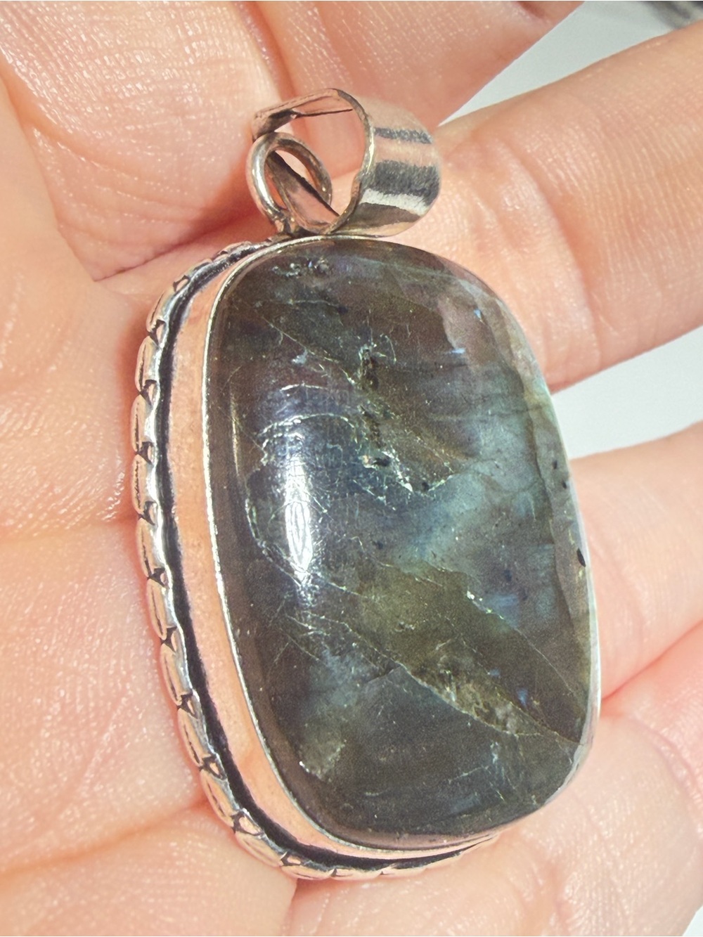 Labradorite Pendant | Teal Green Flash | Organic Rectangle | 2 Inches - Picture 4 of 9